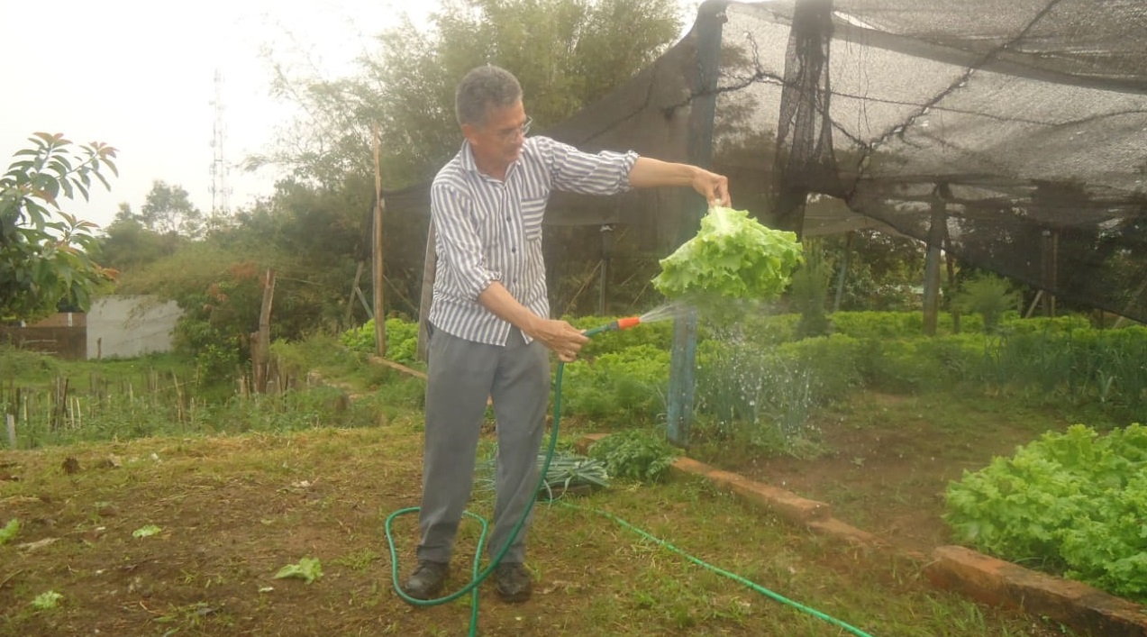 Docente sanjosiano en pleno cultivo de hortaliza ecológica en esta época del año